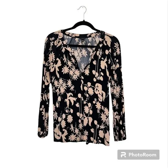 Ann Taylor Black Tan Floral Print Stretchy Long Sleeve Blouse Top Size SP - Picture 1 of 9